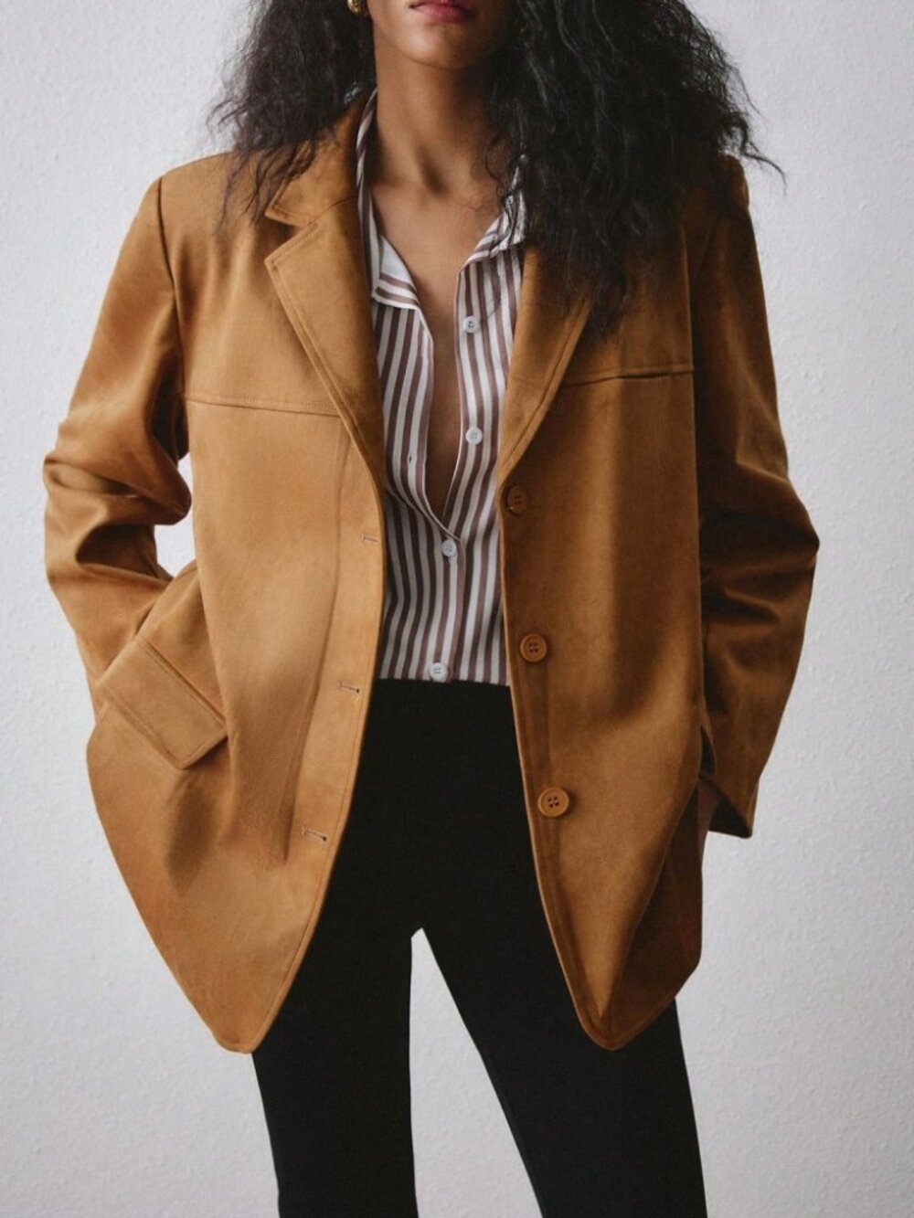 Camel Tan Vegan Suede Notch Lapel Oversized Blazer